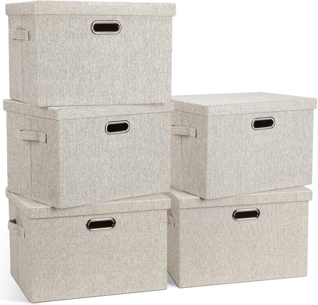 Large 17" 36 Quart Collapsible Stackable Storage Bins with Lids, 3 Packs Beige Linen Fabric Closet Boxes with Lids, Storage Cube Baskets Container Organizers for Bedroom Office(17 x12 x11) - Grand Goldman
