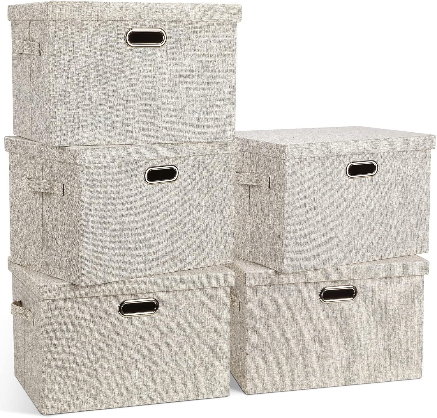 Large 17" 36 Quart Collapsible Stackable Storage Bins with Lids, 3 Packs Beige Linen Fabric Closet Boxes with Lids, Storage Cube Baskets Container Organizers for Bedroom Office(17 x12 x11) - Grand Goldman