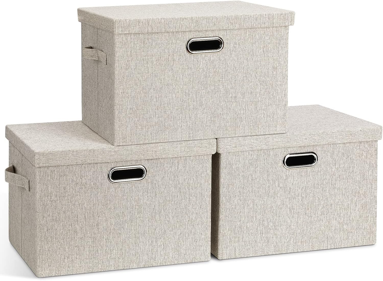Large 17" 36 Quart Collapsible Stackable Storage Bins with Lids, 3 Packs Beige Linen Fabric Closet Boxes with Lids, Storage Cube Baskets Container Organizers for Bedroom Office(17 x12 x11) - Grand Goldman