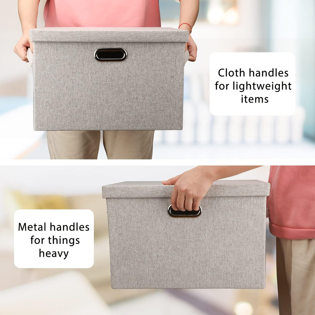 Large 17" 36 Quart Collapsible Stackable Storage Bins with Lids, 3 Packs Beige Linen Fabric Closet Boxes with Lids, Storage Cube Baskets Container Organizers for Bedroom Office(17 x12 x11) - Grand Goldman