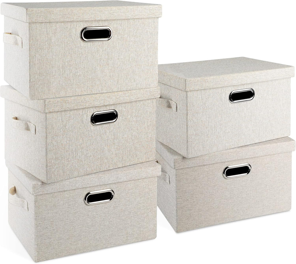Large 17" 36 Quart Collapsible Stackable Storage Bins with Lids, 3 Packs Beige Linen Fabric Closet Boxes with Lids, Storage Cube Baskets Container Organizers for Bedroom Office(17 x12 x11) - Grand Goldman