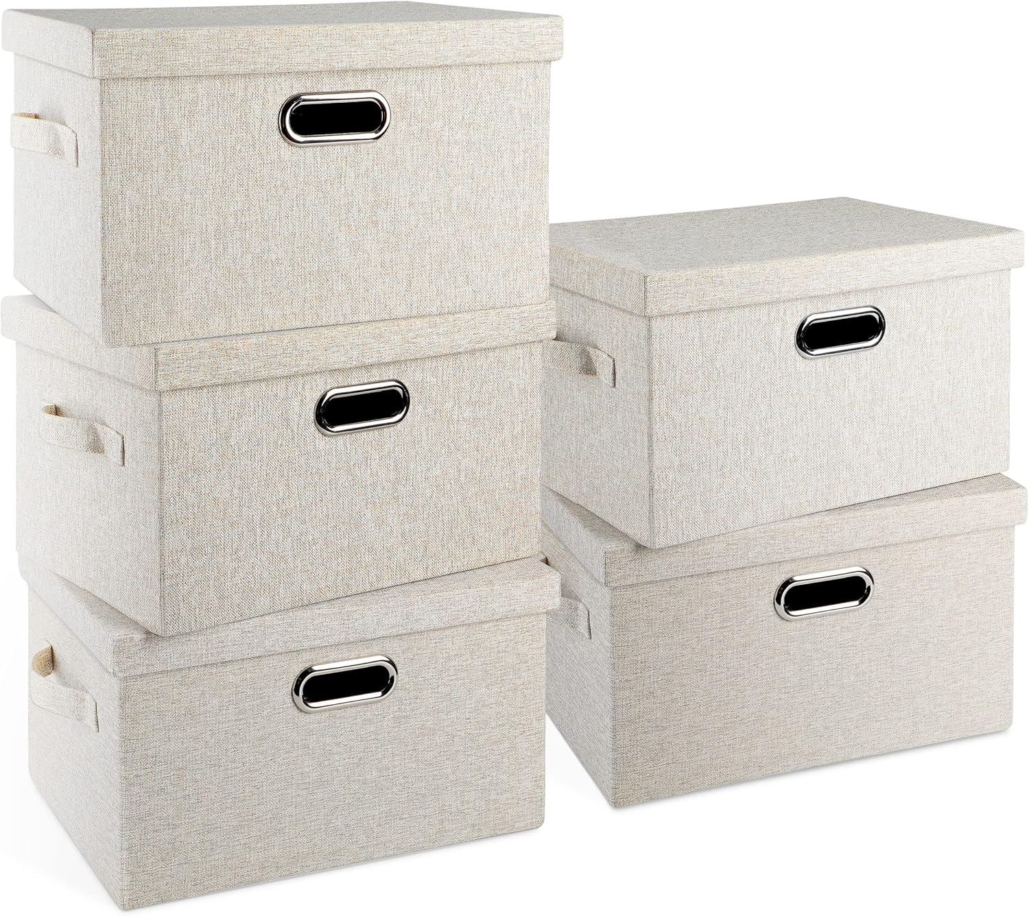 Large 17" 36 Quart Collapsible Stackable Storage Bins with Lids, 3 Packs Beige Linen Fabric Closet Boxes with Lids, Storage Cube Baskets Container Organizers for Bedroom Office(17 x12 x11) - Grand Goldman