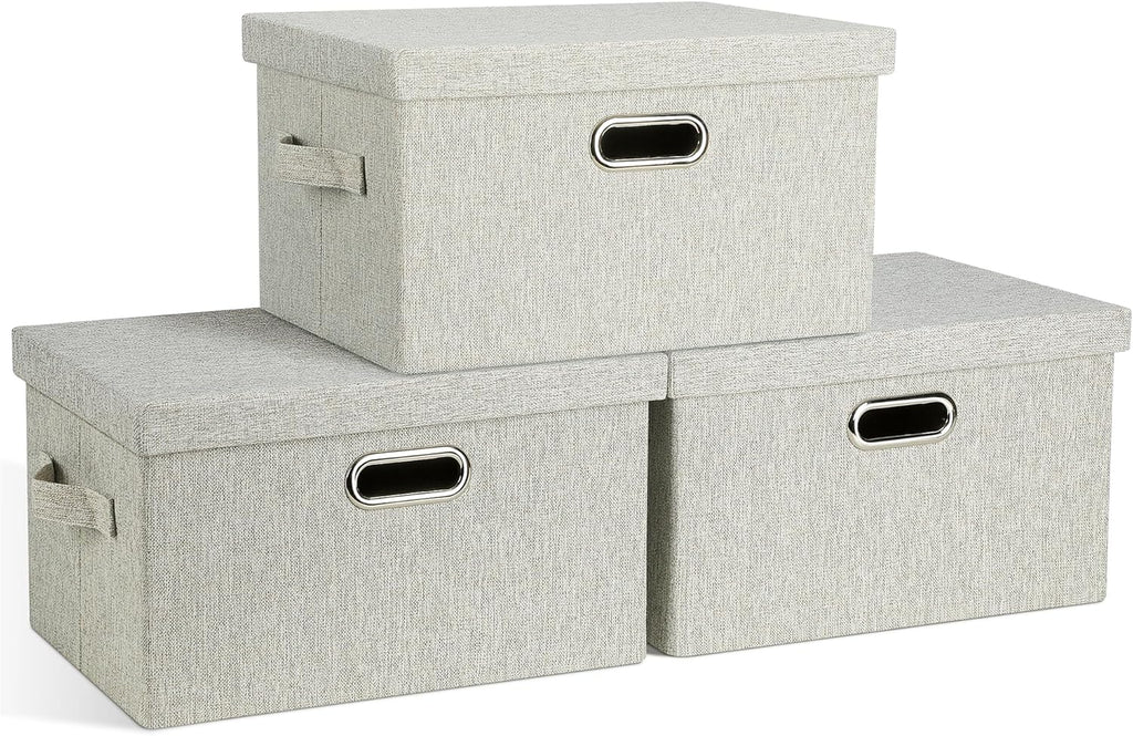 Large 17" 36 Quart Collapsible Stackable Storage Bins with Lids, 3 Packs Beige Linen Fabric Closet Boxes with Lids, Storage Cube Baskets Container Organizers for Bedroom Office(17 x12 x11) - Grand Goldman