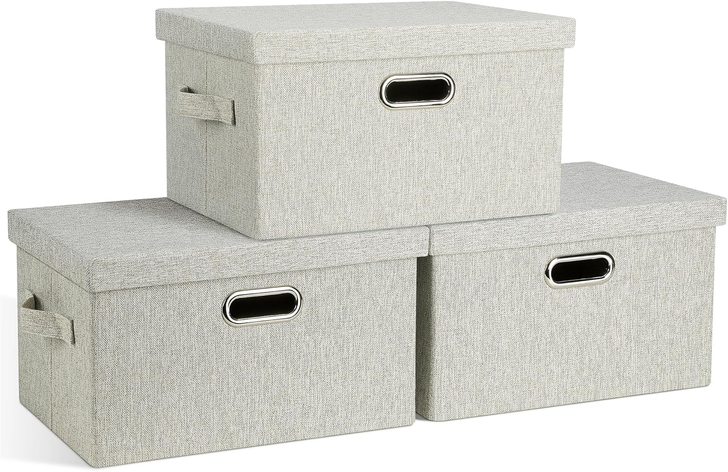 Large 17" 36 Quart Collapsible Stackable Storage Bins with Lids, 3 Packs Beige Linen Fabric Closet Boxes with Lids, Storage Cube Baskets Container Organizers for Bedroom Office(17 x12 x11) - Grand Goldman