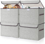 Large 22 Quart Linen Fabric Foldable Storage Bin Cube Organizer Basket with Flip-Top Lid & Handles, Clothes Blanket Box for Home, Office, Closet, Gray, 4 Pack 14.6 x 9.5 x 9.5” - Grand Goldman