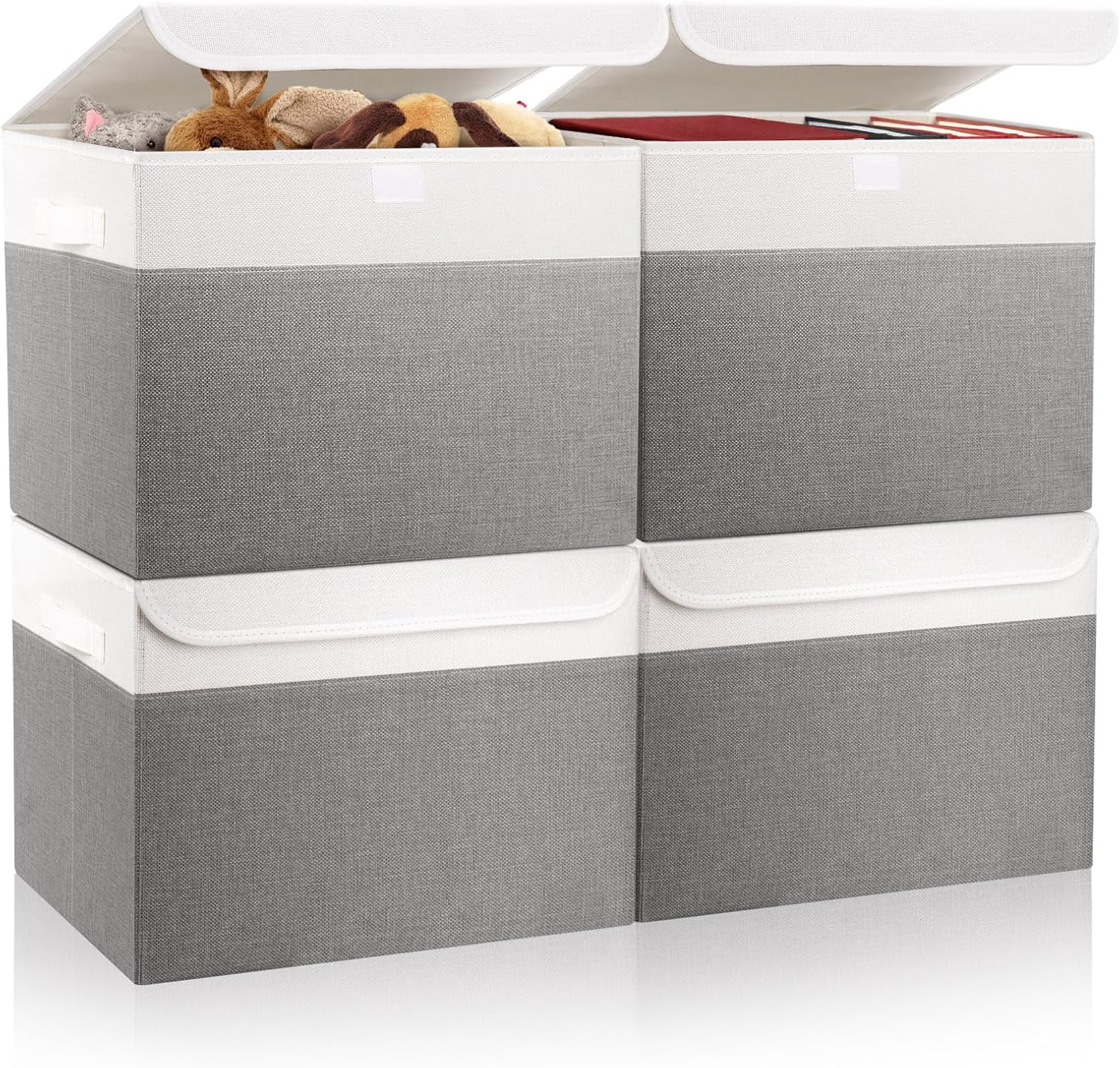 Large 22 Quart Linen Fabric Foldable Storage Bin Cube Organizer Basket with Flip-Top Lid & Handles, Clothes Blanket Box for Home, Office, Closet, Gray, 4 Pack 14.6 x 9.5 x 9.5” - Grand Goldman