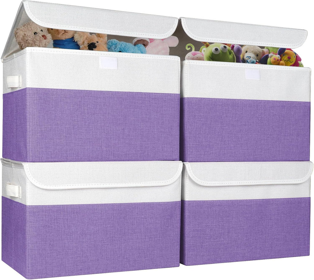 Large 22 Quart Linen Fabric Foldable Storage Bin Cube Organizer Basket with Flip-Top Lid & Handles, Clothes Blanket Box for Home, Office, Closet, Gray, 4 Pack 14.6 x 9.5 x 9.5” - Grand Goldman