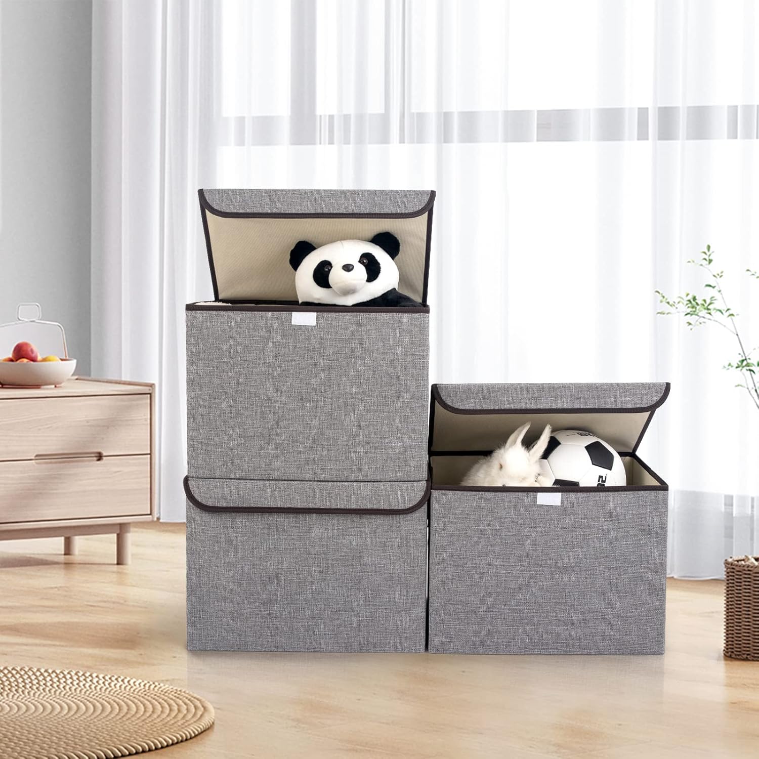 Large 22 Quart Linen Fabric Foldable Storage Bin Cube Organizer Basket with Flip-Top Lid & Handles, Clothes Blanket Box for Home, Office, Closet, Gray, 4 Pack 14.6 x 9.5 x 9.5” - Grand Goldman