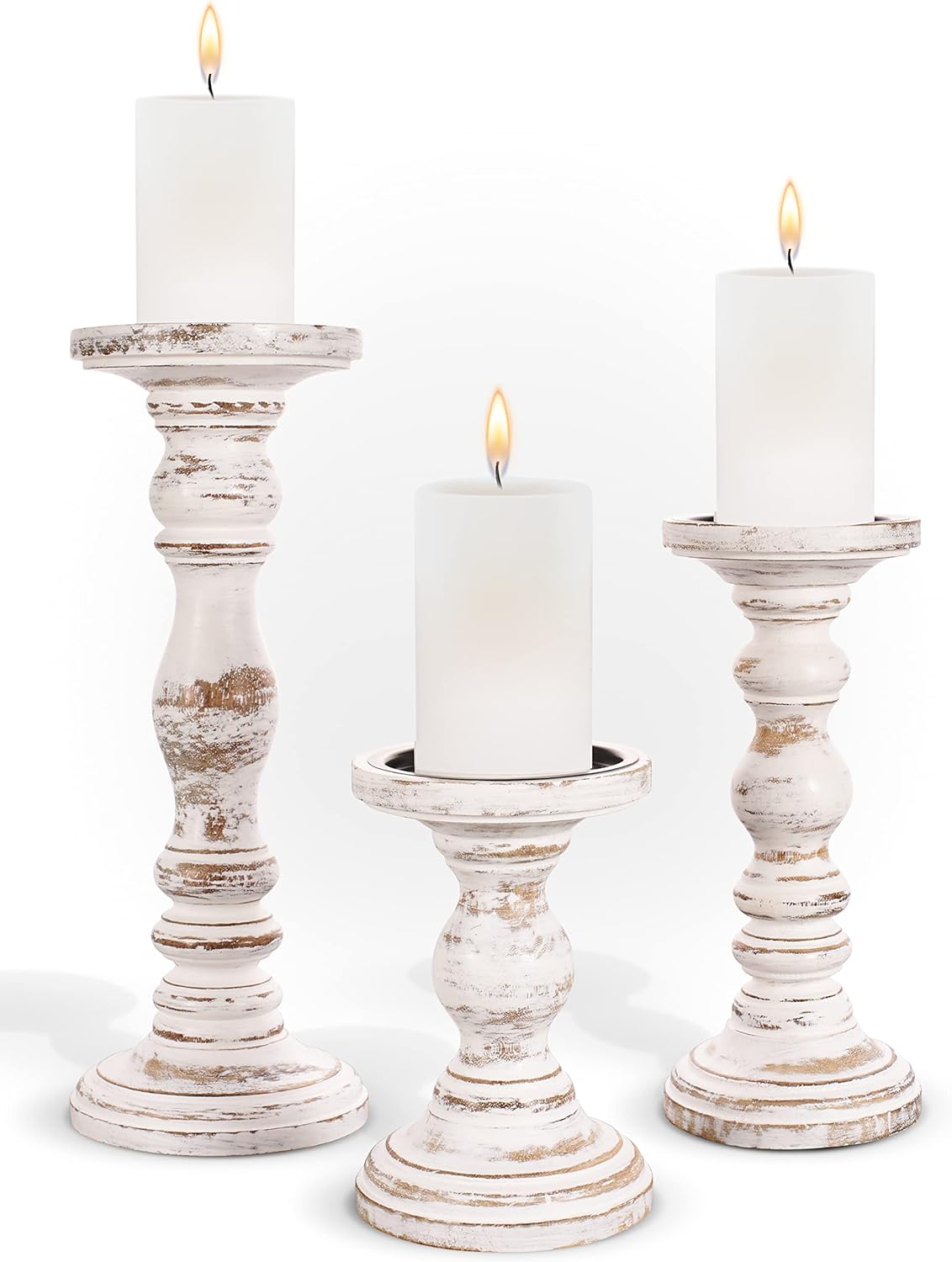 Large Candle Holders for Pillar Candles - Rustic Farmhouse Style Home Decor - Perfect for Table Centerpieces, Coffee Table or Fireplace Mantel - 3 Piece Set - White - Grand Goldman