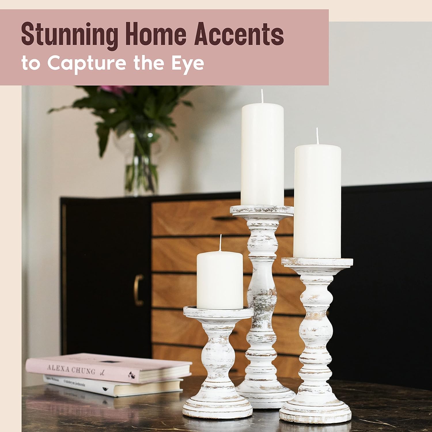 Large Candle Holders for Pillar Candles - Rustic Farmhouse Style Home Decor - Perfect for Table Centerpieces, Coffee Table or Fireplace Mantel - 3 Piece Set - White - Grand Goldman