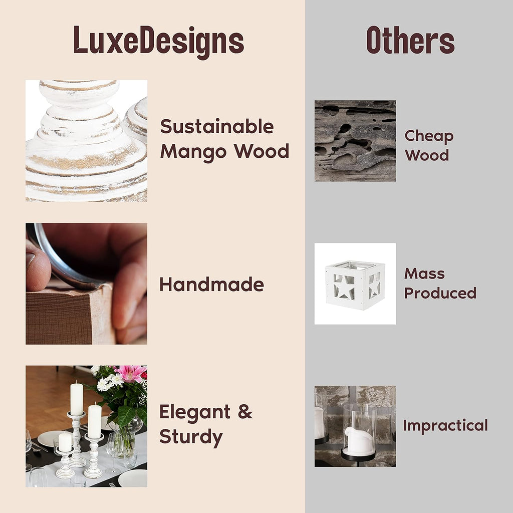 Large Candle Holders for Pillar Candles - Rustic Farmhouse Style Home Decor - Perfect for Table Centerpieces, Coffee Table or Fireplace Mantel - 3 Piece Set - White - Grand Goldman