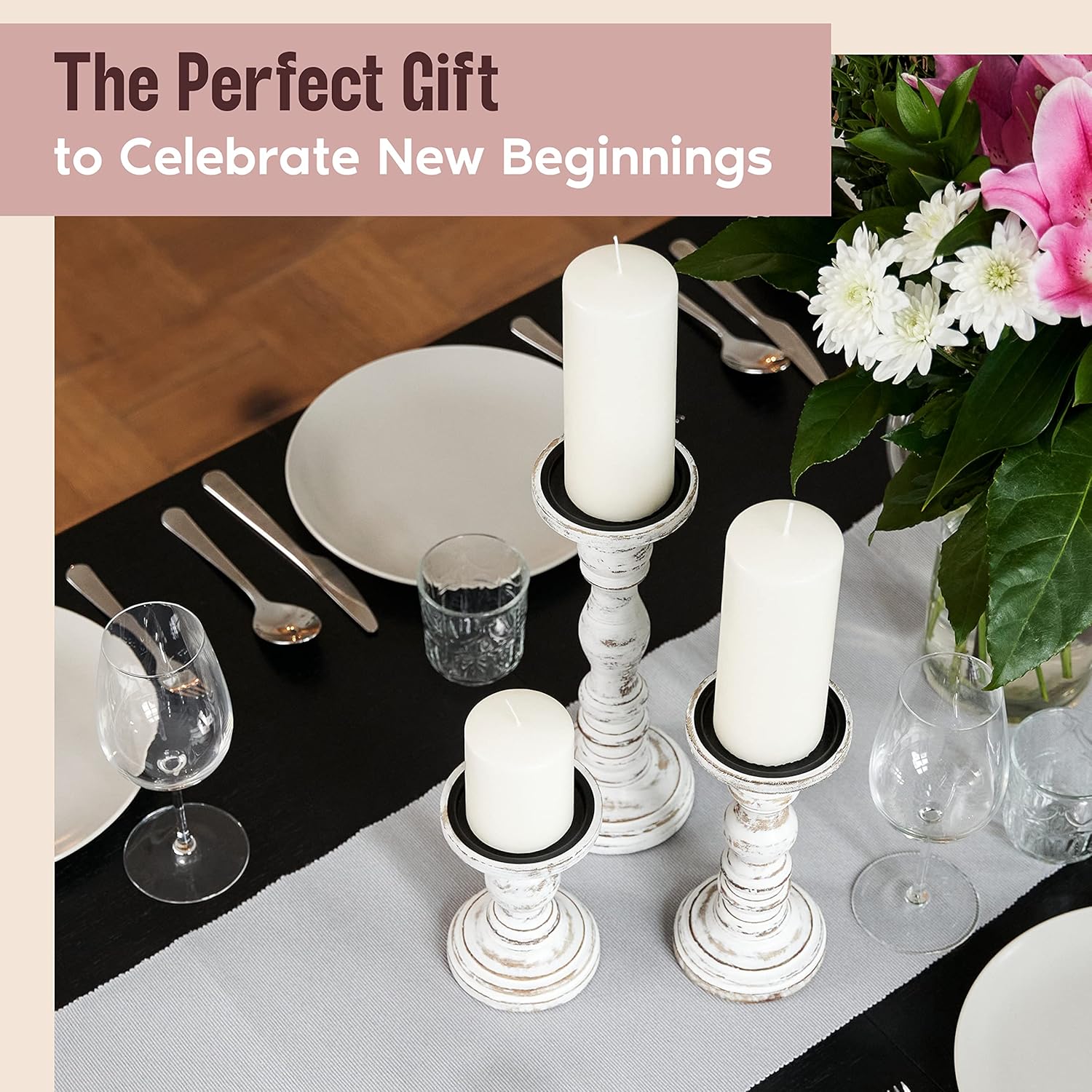 Large Candle Holders for Pillar Candles - Rustic Farmhouse Style Home Decor - Perfect for Table Centerpieces, Coffee Table or Fireplace Mantel - 3 Piece Set - White - Grand Goldman