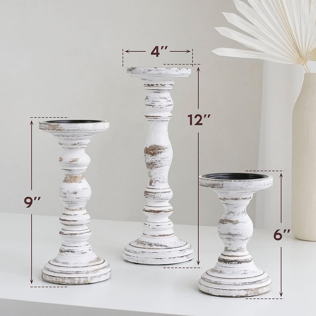 Large Candle Holders for Pillar Candles - Rustic Farmhouse Style Home Decor - Perfect for Table Centerpieces, Coffee Table or Fireplace Mantel - 3 Piece Set - White - Grand Goldman