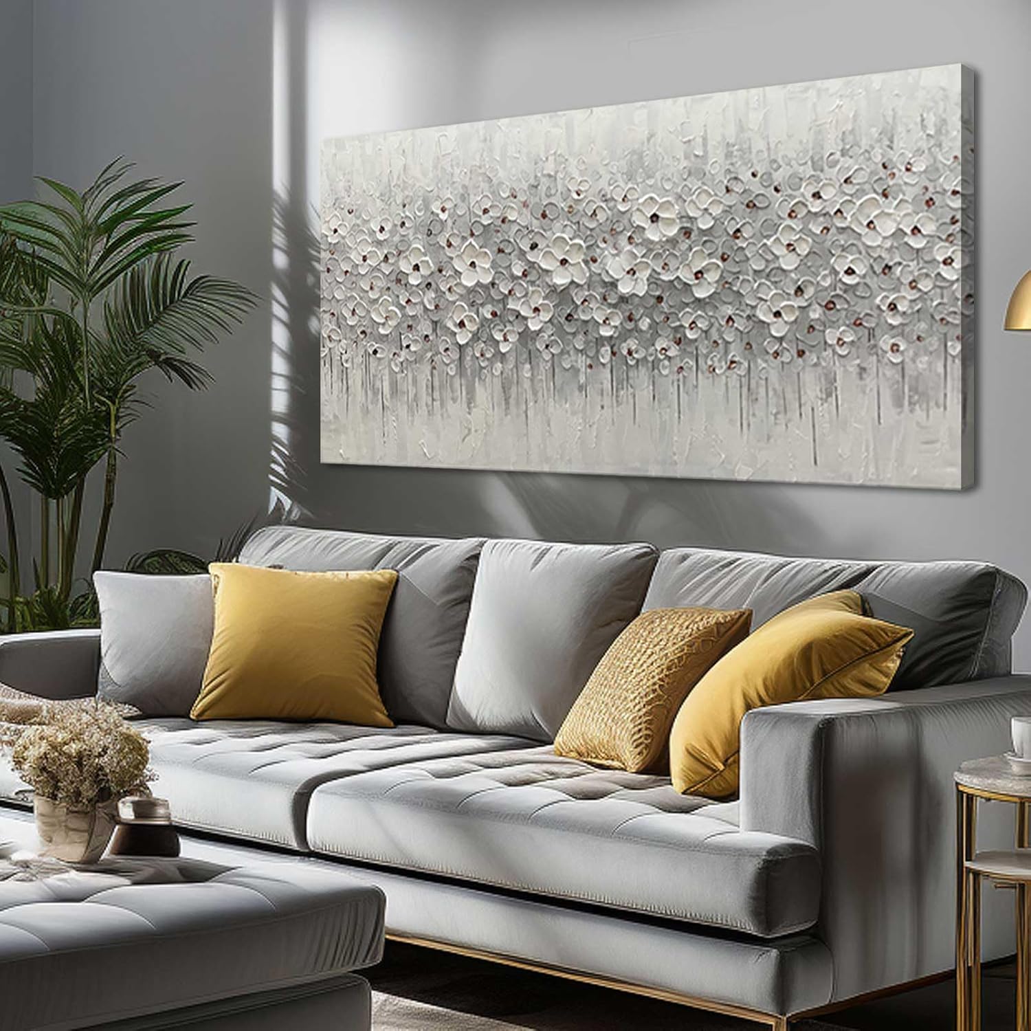Large Canvas Wall Art for Living Room White Flowers Picture Hand-Painted Oil Painting Framed Artwork Modern Gallery Plant Decor Wall Decorations for Bedroom Bathroom Size 60x30 inch Ready to Hang - Grand Goldman
