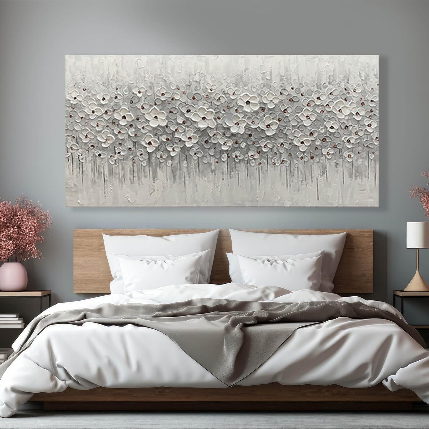 Large Canvas Wall Art for Living Room White Flowers Picture Hand-Painted Oil Painting Framed Artwork Modern Gallery Plant Decor Wall Decorations for Bedroom Bathroom Size 60x30 inch Ready to Hang - Grand Goldman