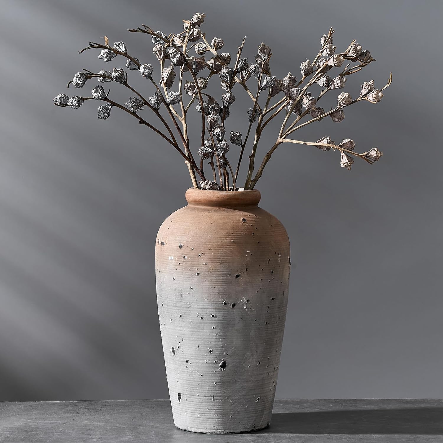 Large Ceramic Rustic Vase, 11 inch Minimalist Decorative Vase, Farmhouse Tall Vase for Home Decor, Living Room, Shelf Decor, Enterway, Table Decoration, Bronze - Grand Goldman