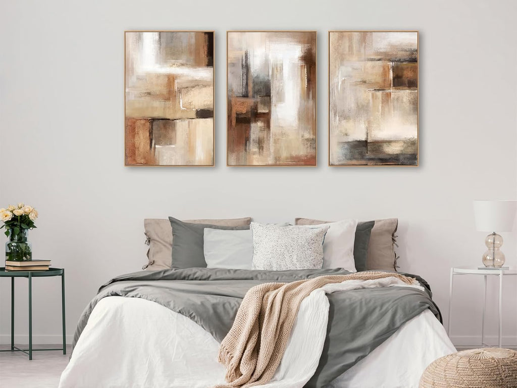 Large Framed Wall Art - Natural Float Framed Brown Abstract Canvas Picturtes for Living Room Decor Sepia Abstract Painting Artwork Prints for Bedroom Kitchen Home Office Decor 72" X 36" Set of 3 - Grand Goldman