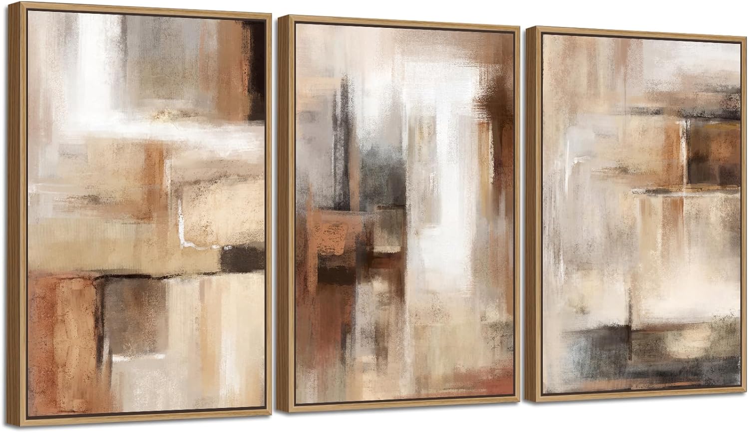 Large Framed Wall Art - Natural Float Framed Brown Abstract Canvas Picturtes for Living Room Decor Sepia Abstract Painting Artwork Prints for Bedroom Kitchen Home Office Decor 72" X 36" Set of 3 - Grand Goldman