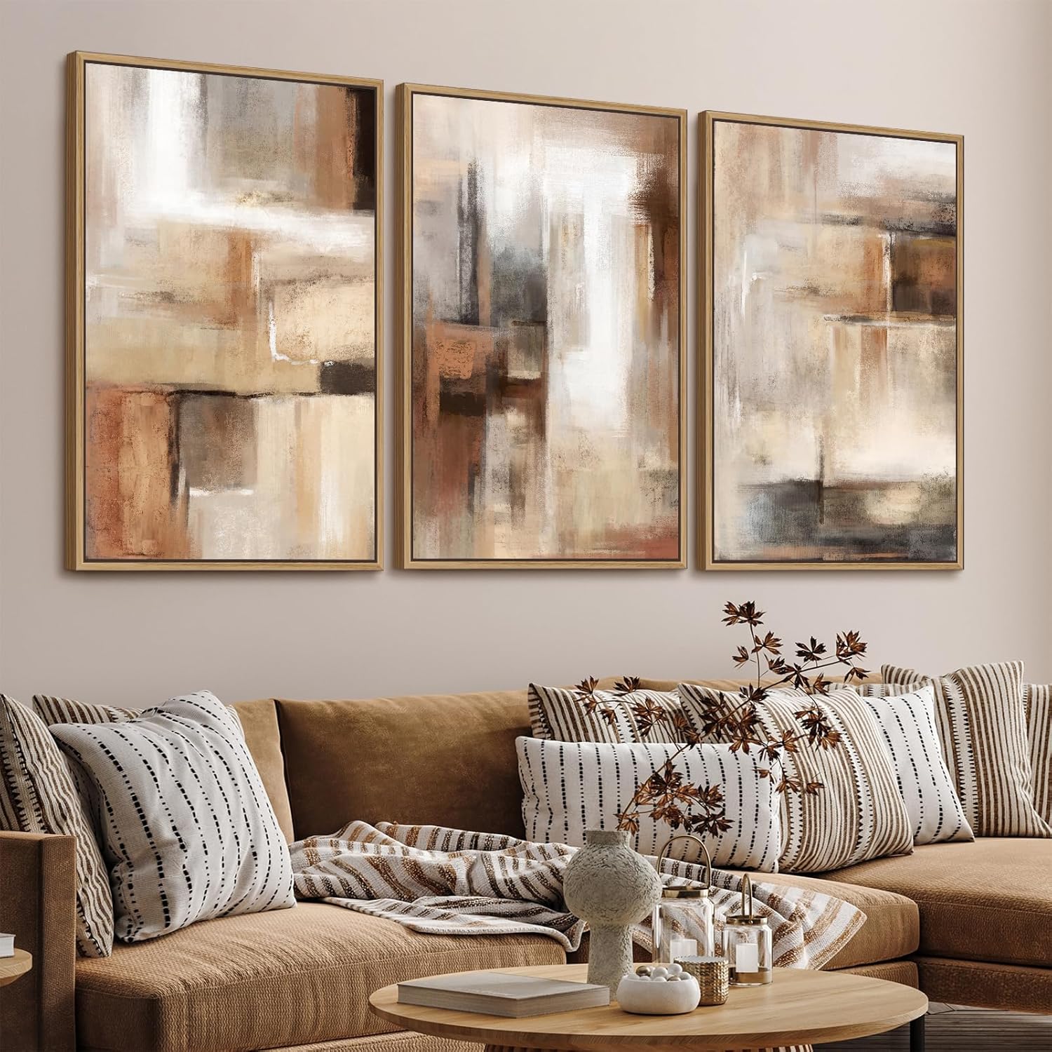 Large Framed Wall Art - Natural Float Framed Brown Abstract Canvas Picturtes for Living Room Decor Sepia Abstract Painting Artwork Prints for Bedroom Kitchen Home Office Decor 72" X 36" Set of 3 - Grand Goldman