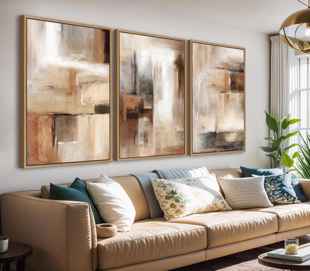 Large Framed Wall Art - Natural Float Framed Brown Abstract Canvas Picturtes for Living Room Decor Sepia Abstract Painting Artwork Prints for Bedroom Kitchen Home Office Decor 72" X 36" Set of 3 - Grand Goldman