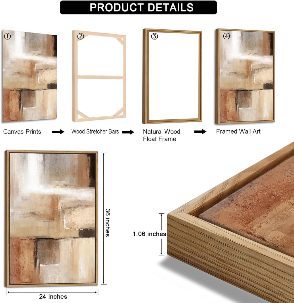 Large Framed Wall Art - Natural Float Framed Brown Abstract Canvas Picturtes for Living Room Decor Sepia Abstract Painting Artwork Prints for Bedroom Kitchen Home Office Decor 72" X 36" Set of 3 - Grand Goldman