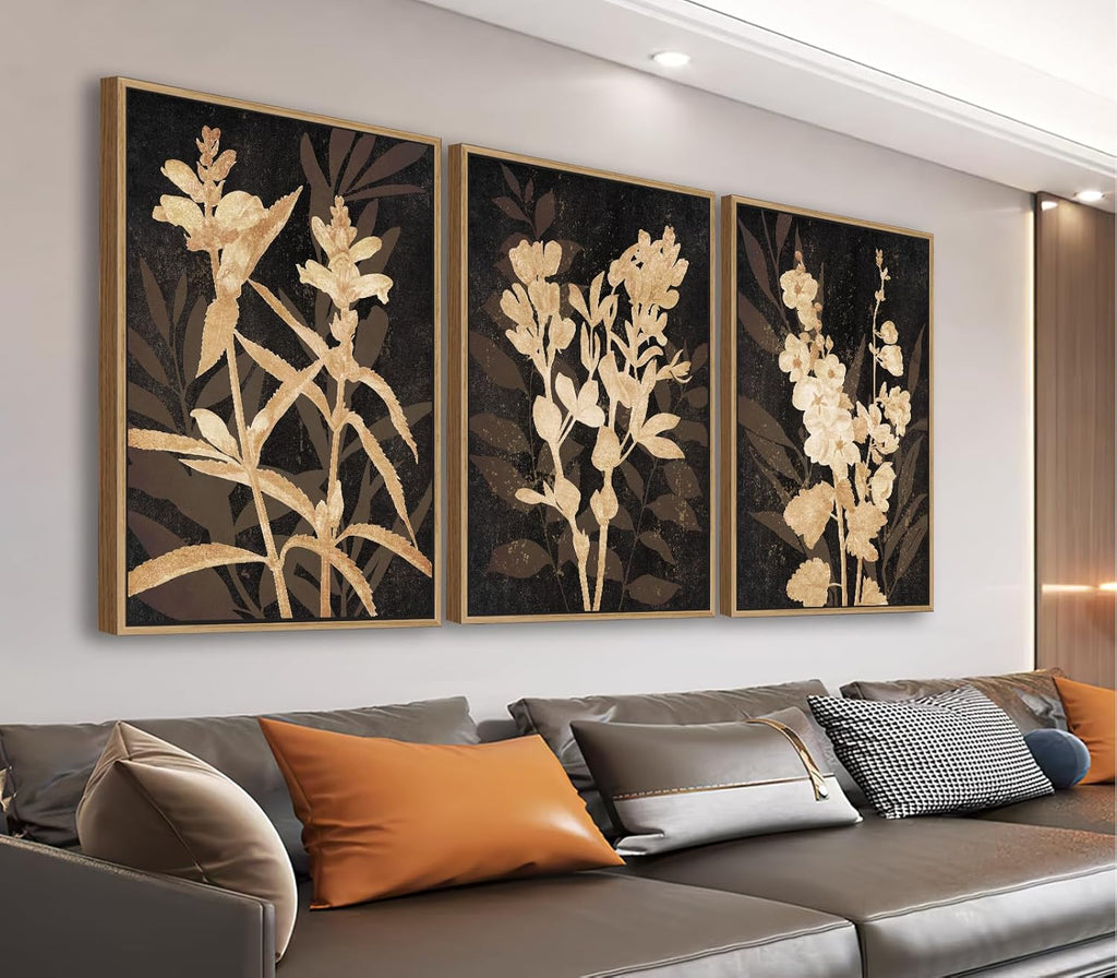 Large Framed Wall Art - Natural Float Framed Rustic Brown Flower Branch Black Canvas Pictures Decor Brown Leaf Artwork Prints for Bedroom Living Room Kitchen Home Office Decoration 60" X 28" Set of 3 - Grand Goldman