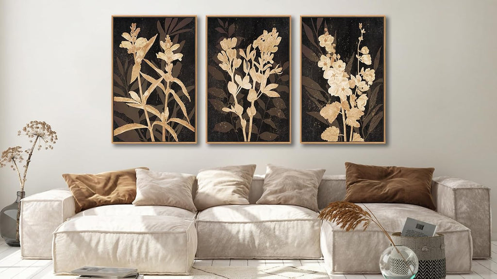 Large Framed Wall Art - Natural Float Framed Rustic Brown Flower Branch Black Canvas Pictures Decor Brown Leaf Artwork Prints for Bedroom Living Room Kitchen Home Office Decoration 60" X 28" Set of 3 - Grand Goldman