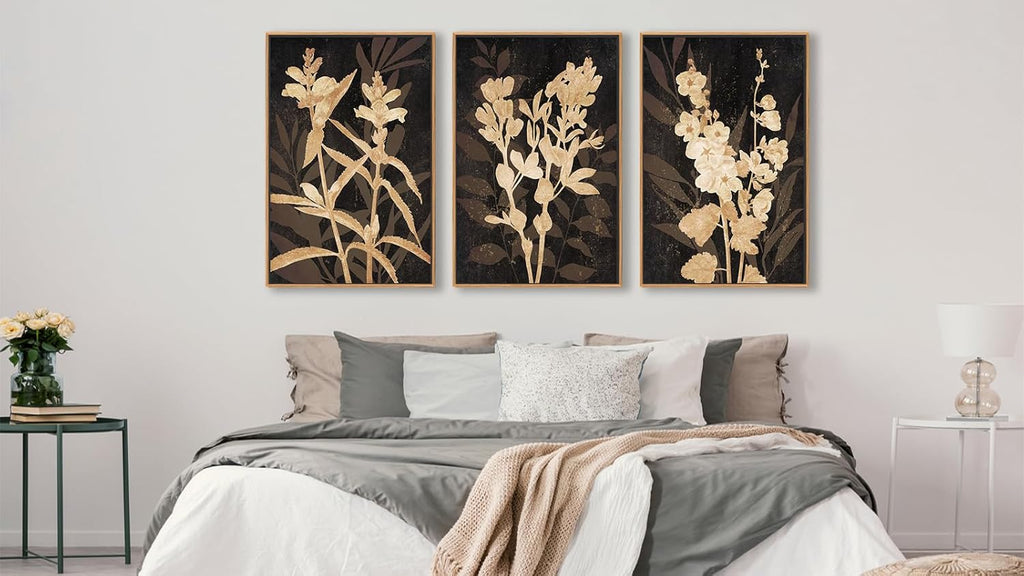 Large Framed Wall Art - Natural Float Framed Rustic Brown Flower Branch Black Canvas Pictures Decor Brown Leaf Artwork Prints for Bedroom Living Room Kitchen Home Office Decoration 60" X 28" Set of 3 - Grand Goldman