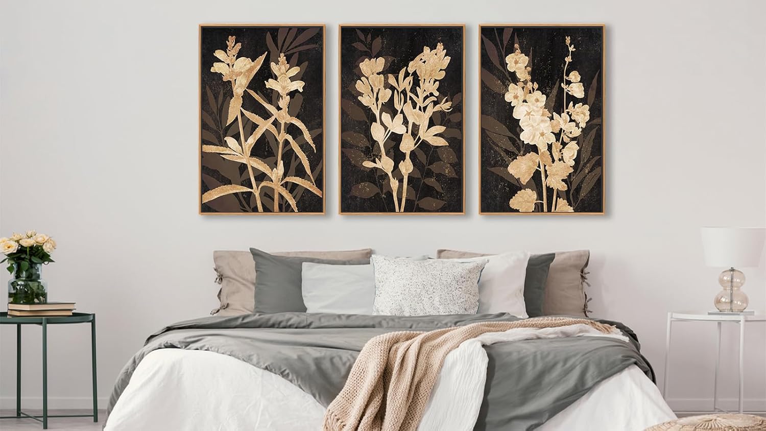 Large Framed Wall Art - Natural Float Framed Rustic Brown Flower Branch Black Canvas Pictures Decor Brown Leaf Artwork Prints for Bedroom Living Room Kitchen Home Office Decoration 60" X 28" Set of 3 - Grand Goldman