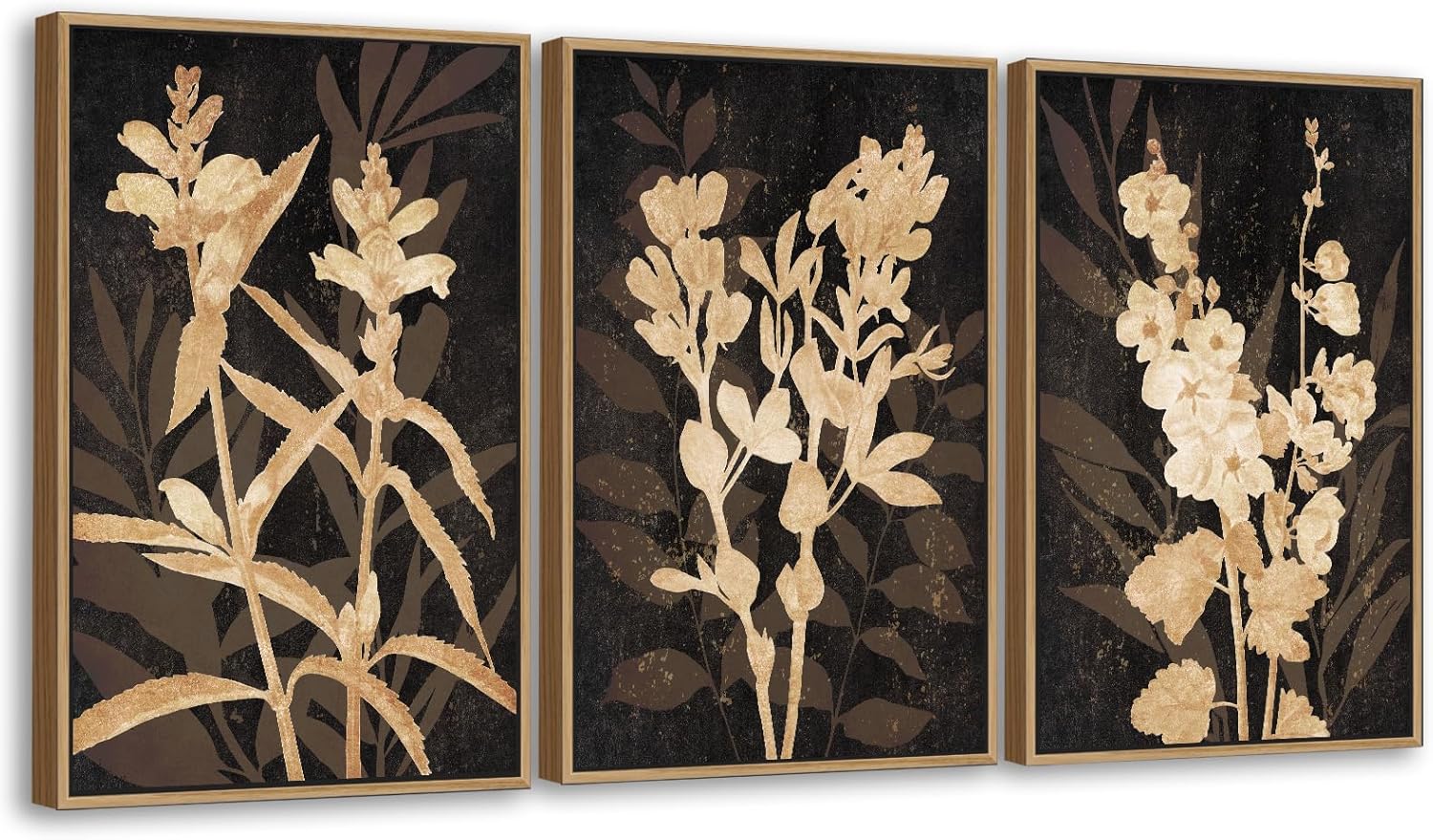 Large Framed Wall Art - Natural Float Framed Rustic Brown Flower Branch Black Canvas Pictures Decor Brown Leaf Artwork Prints for Bedroom Living Room Kitchen Home Office Decoration 60" X 28" Set of 3 - Grand Goldman