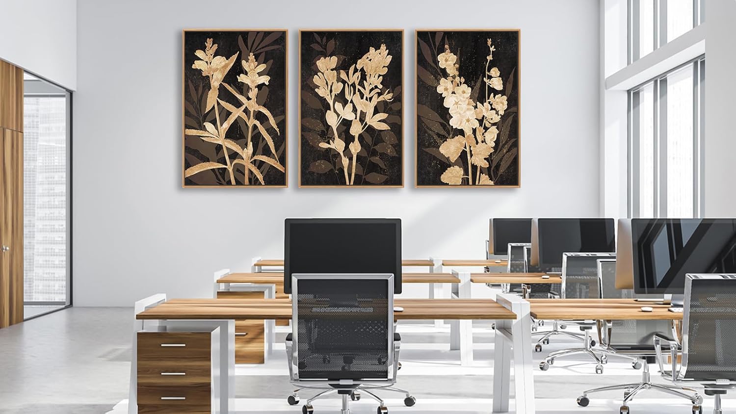 Large Framed Wall Art - Natural Float Framed Rustic Brown Flower Branch Black Canvas Pictures Decor Brown Leaf Artwork Prints for Bedroom Living Room Kitchen Home Office Decoration 60" X 28" Set of 3 - Grand Goldman