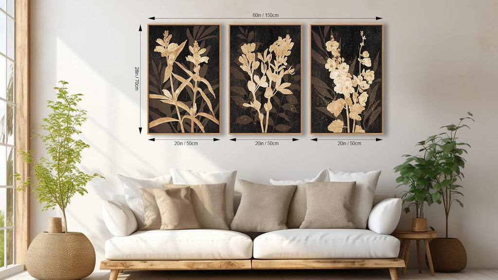 Large Framed Wall Art - Natural Float Framed Rustic Brown Flower Branch Black Canvas Pictures Decor Brown Leaf Artwork Prints for Bedroom Living Room Kitchen Home Office Decoration 60" X 28" Set of 3 - Grand Goldman
