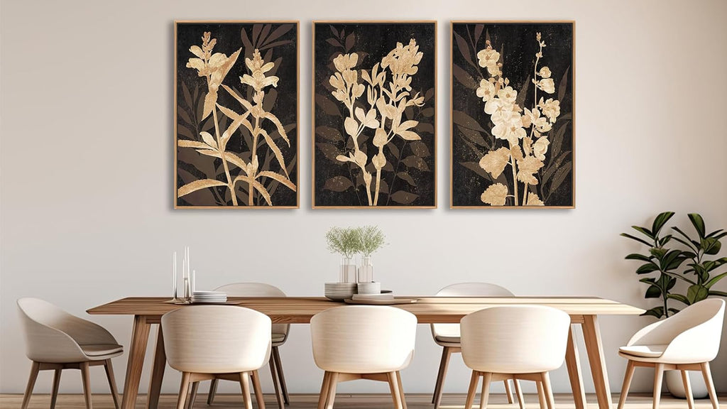 Large Framed Wall Art - Natural Float Framed Rustic Brown Flower Branch Black Canvas Pictures Decor Brown Leaf Artwork Prints for Bedroom Living Room Kitchen Home Office Decoration 60" X 28" Set of 3 - Grand Goldman