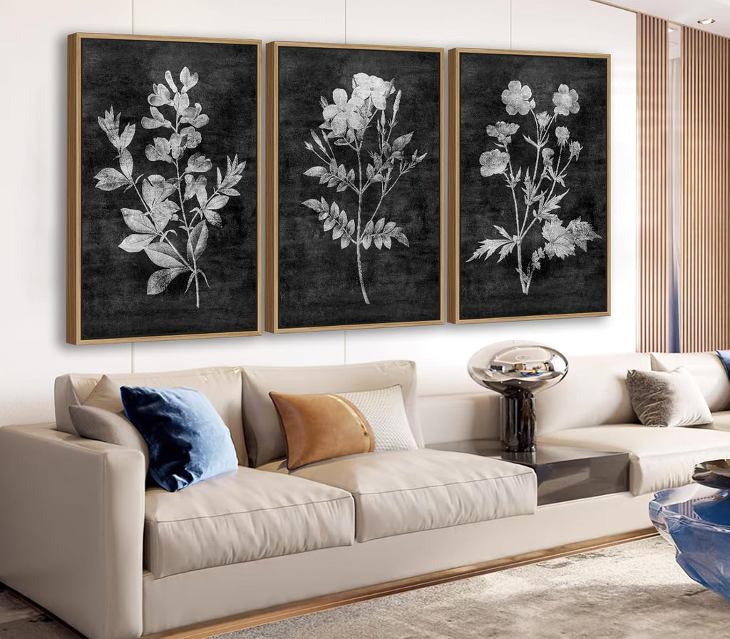 Large Framed Wall Art - Natural Float Framed Rustic Brown Flower Branch Black Canvas Pictures Decor Brown Leaf Artwork Prints for Bedroom Living Room Kitchen Home Office Decoration 60" X 28" Set of 3 - Grand Goldman