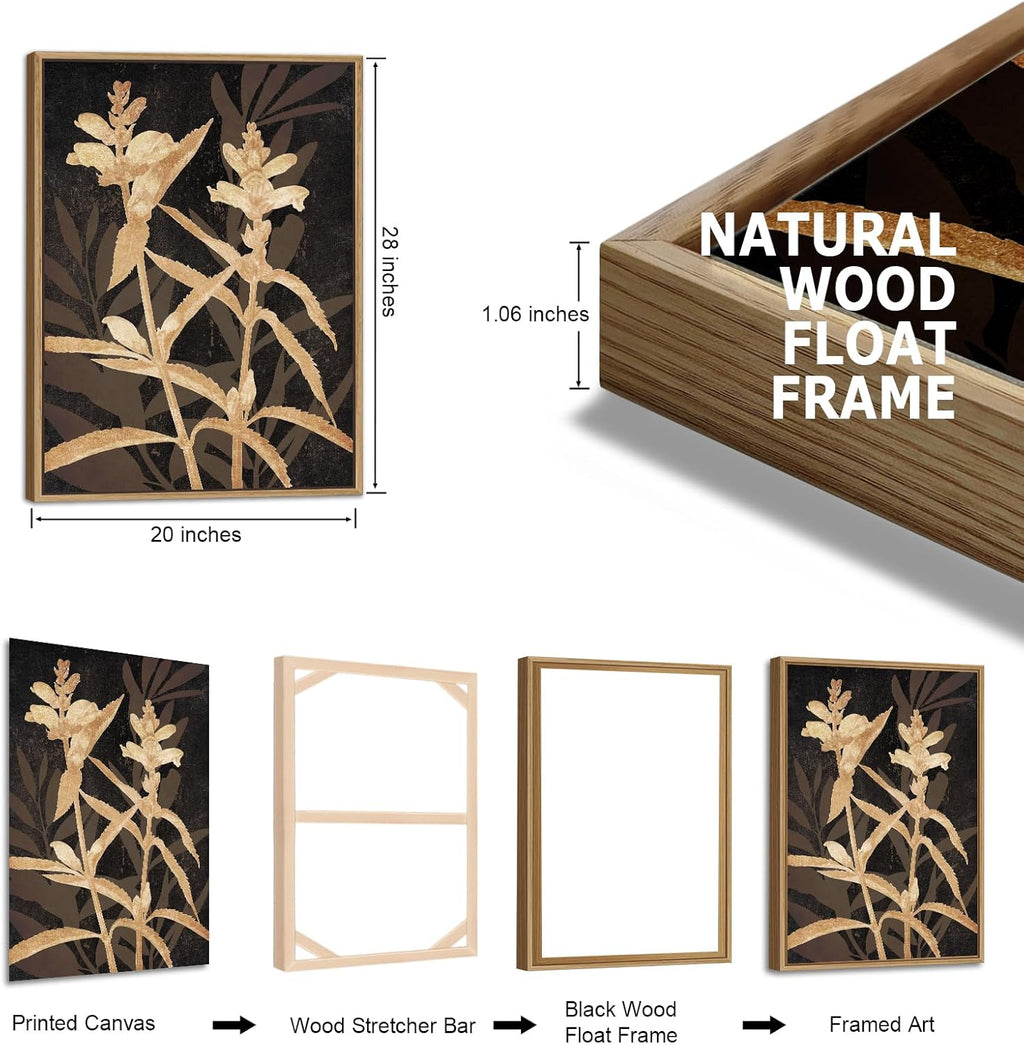 Large Framed Wall Art - Natural Float Framed Rustic Brown Flower Branch Black Canvas Pictures Decor Brown Leaf Artwork Prints for Bedroom Living Room Kitchen Home Office Decoration 60" X 28" Set of 3 - Grand Goldman