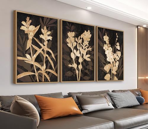 Large Framed Wall Art - Natural Float Framed Rustic Brown Flower Branch Black Canvas Pictures Decor Brown Leaf Artwork Prints for Bedroom Living Room Kitchen Home Office Decoration 60" X 28" Set of 3 - Grand Goldman