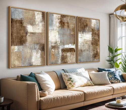 Large Framed Wall Art - Natural Float Framed Rustic Brown Flower Branch Black Canvas Pictures Decor Brown Leaf Artwork Prints for Bedroom Living Room Kitchen Home Office Decoration 60" X 28" Set of 3 - Grand Goldman