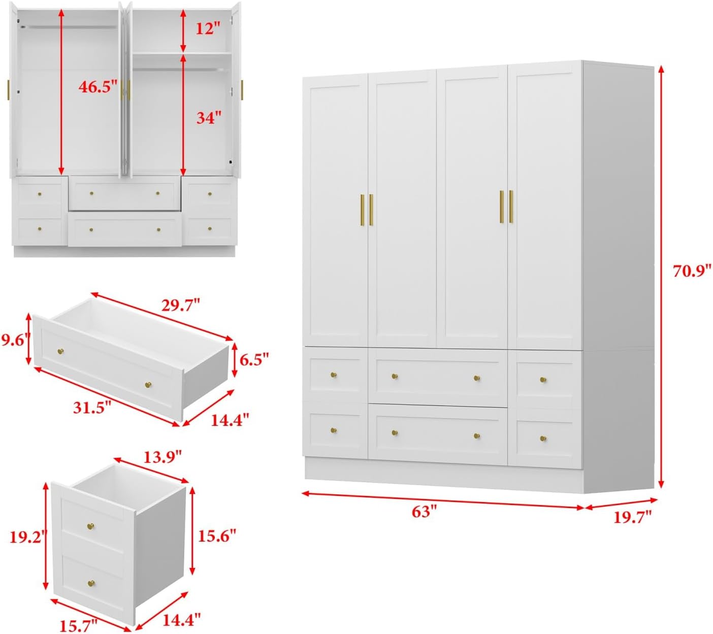 Large Wardrobe Armoire Closet with 4 Doors, White Wardrobe with Hanging Rods and Drawers, Shelf, Bedroom Armoire, Modern Clothes Wardrobe with Gold Handles, 19.7”D x 63”W x 70.9”H - Grand Goldman