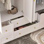 Large Wardrobe Armoire Closet with 4 Doors, White Wardrobe with Hanging Rods and Drawers, Shelf, Bedroom Armoire, Modern Clothes Wardrobe with Gold Handles, 19.7”D x 63”W x 70.9”H - Grand Goldman