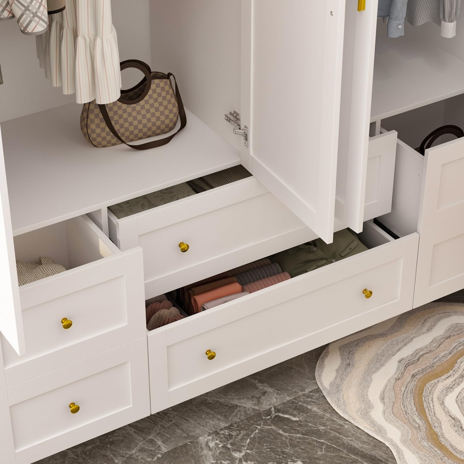 Large Wardrobe Armoire Closet with 4 Doors, White Wardrobe with Hanging Rods and Drawers, Shelf, Bedroom Armoire, Modern Clothes Wardrobe with Gold Handles, 19.7”D x 63”W x 70.9”H - Grand Goldman