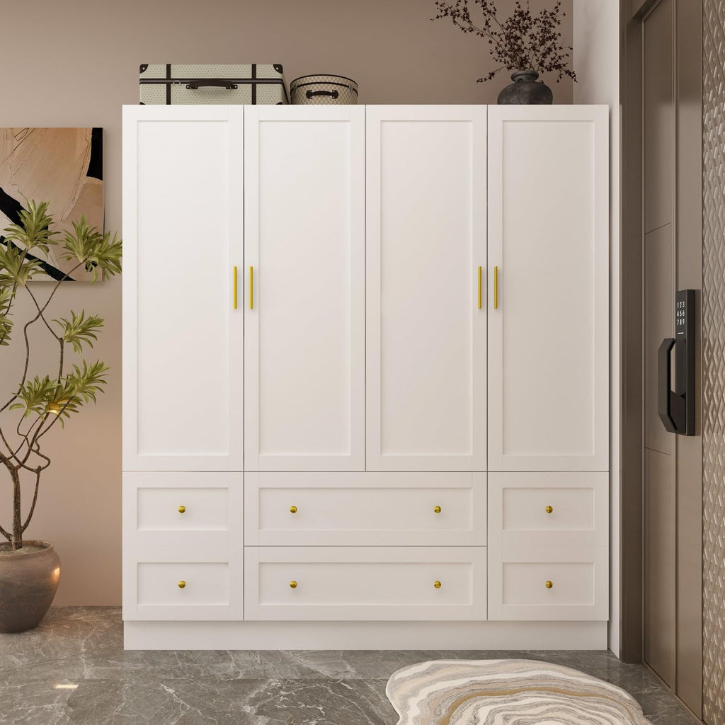 Large Wardrobe Armoire Closet with 4 Doors, White Wardrobe with Hanging Rods and Drawers, Shelf, Bedroom Armoire, Modern Clothes Wardrobe with Gold Handles, 19.7”D x 63”W x 70.9”H - Grand Goldman