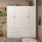 Large Wardrobe Armoire Closet with 4 Doors, White Wardrobe with Hanging Rods and Drawers, Shelf, Bedroom Armoire, Modern Clothes Wardrobe with Gold Handles, 19.7”D x 63”W x 70.9”H - Grand Goldman