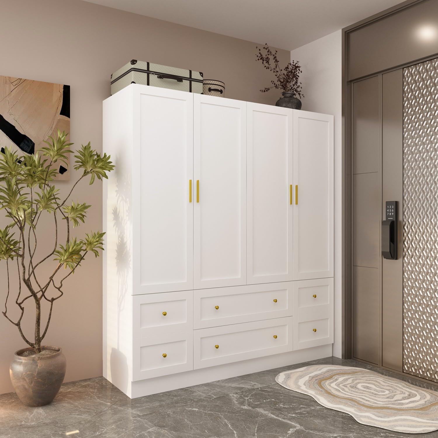 Large Wardrobe Armoire Closet with 4 Doors, White Wardrobe with Hanging Rods and Drawers, Shelf, Bedroom Armoire, Modern Clothes Wardrobe with Gold Handles, 19.7”D x 63”W x 70.9”H - Grand Goldman