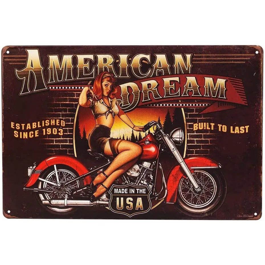 Last Stop Garage Pin Up Girls Metal Tin Signs Cool Women On Motorcycle Gas Fill'Er Up Station for Cafes Bars Pubs Shop Garage - Grand Goldman