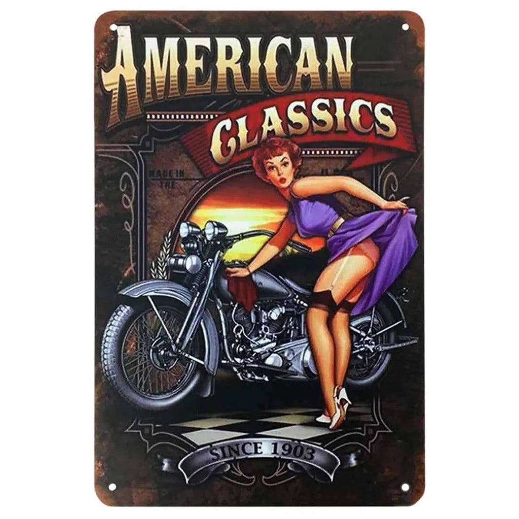Last Stop Garage Pin Up Girls Metal Tin Signs Cool Women On Motorcycle Gas Fill'Er Up Station for Cafes Bars Pubs Shop Garage - Grand Goldman