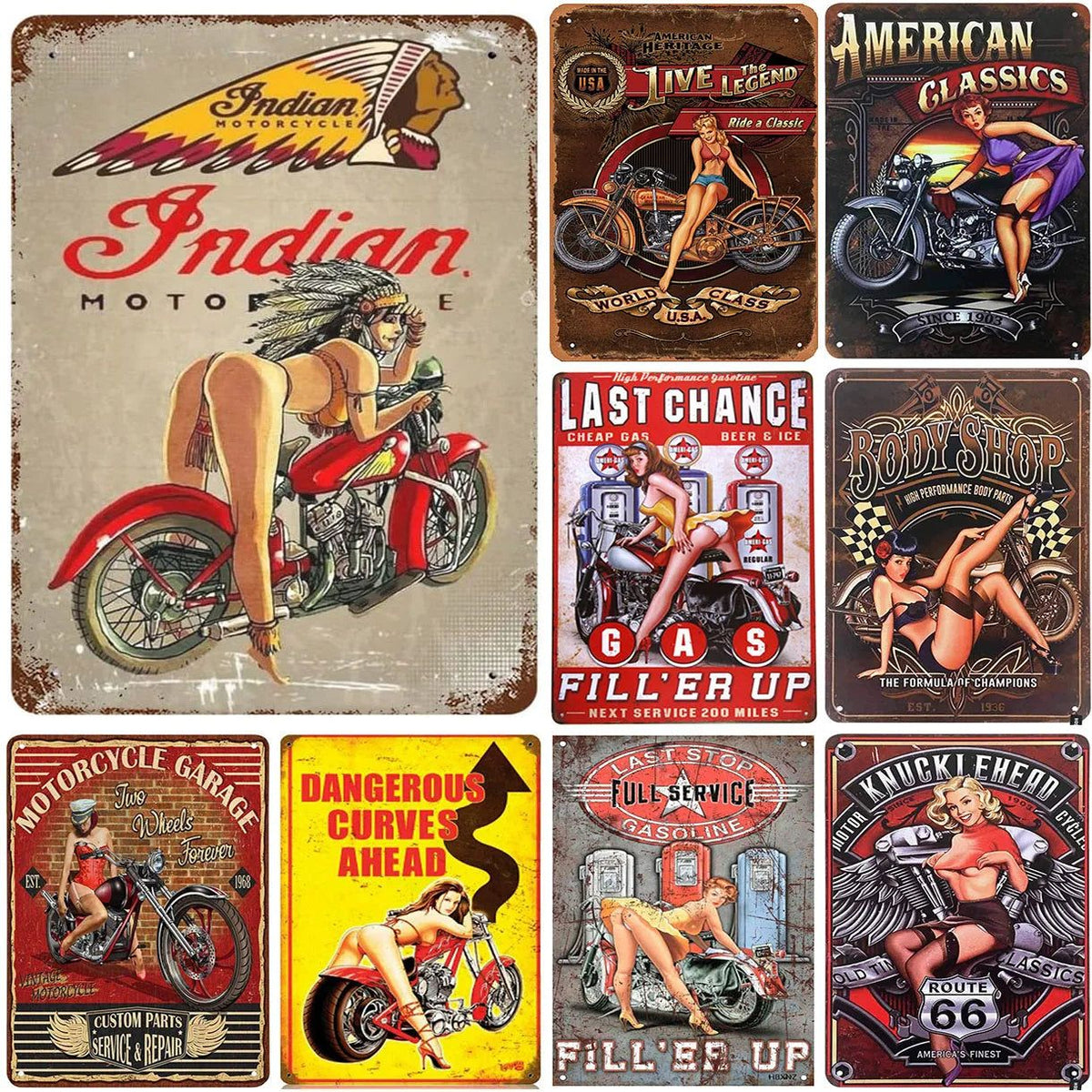 Last Stop Garage Pin Up Girls Metal Tin Signs Cool Women On Motorcycle Gas Fill'Er Up Station for Cafes Bars Pubs Shop Garage - Grand Goldman
