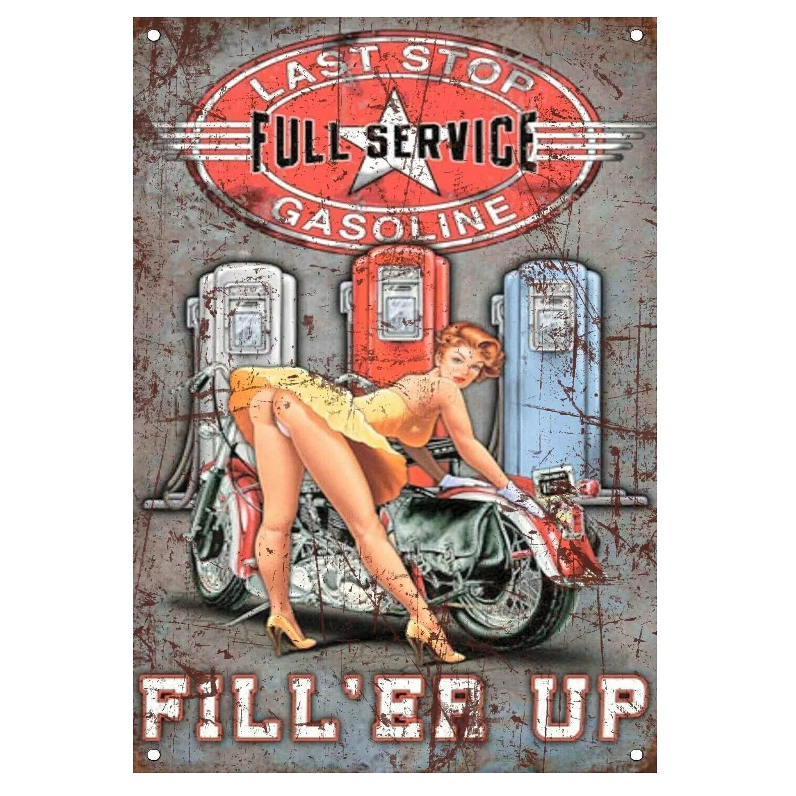 Last Stop Garage Pin Up Girls Metal Tin Signs Cool Women On Motorcycle Gas Fill'Er Up Station for Cafes Bars Pubs Shop Garage - Grand Goldman