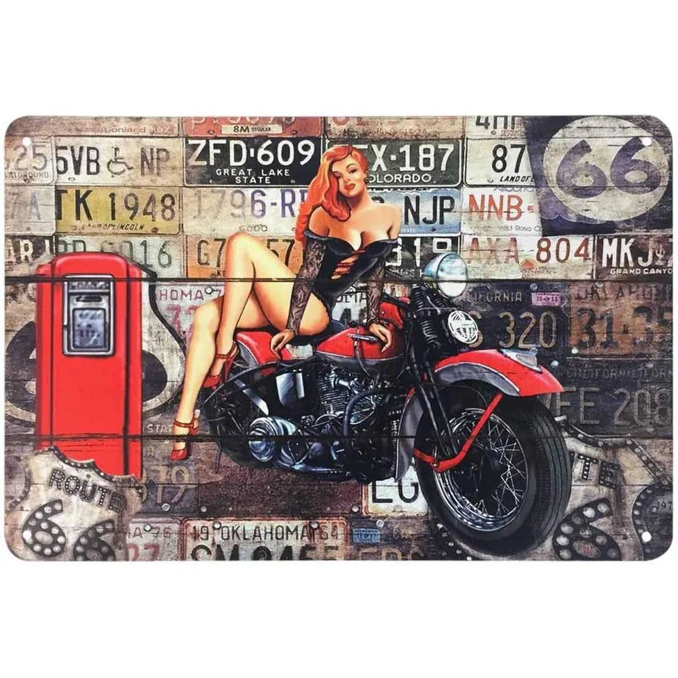Last Stop Garage Pin Up Girls Metal Tin Signs Cool Women On Motorcycle Gas Fill'Er Up Station for Cafes Bars Pubs Shop Garage - Grand Goldman