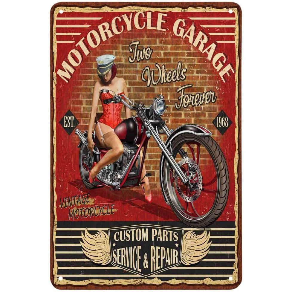 Last Stop Garage Pin Up Girls Metal Tin Signs Cool Women On Motorcycle Gas Fill'Er Up Station for Cafes Bars Pubs Shop Garage - Grand Goldman