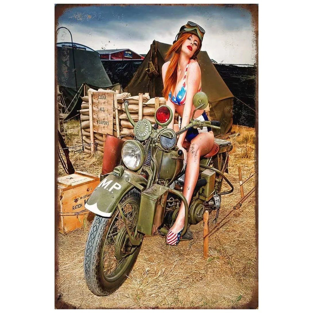 Last Stop Garage Pin Up Girls Metal Tin Signs Cool Women On Motorcycle Gas Fill'Er Up Station for Cafes Bars Pubs Shop Garage - Grand Goldman